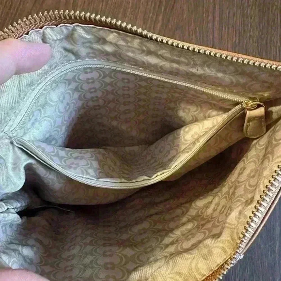 Under Arm Clutch Purse. Brown Faux Leather. Beaded Accent. Zip Closure. 11” Long - Picture 6 of 7